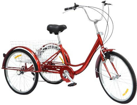 RUETERY 24 tum 6-växlad trehjuling för vuxna, lastcykel, seniorer trehjuling, 3-hjulingar cykel med ljus och shoppingväska, Cruiser cykel, kolstålcykel, för vuxna män, kvinnor