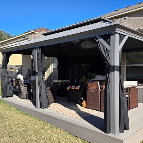 PURPLE LEAF Tonnelle de Jardin Exterieur 3,65 x 6 m, Tonnelle en Aluminium à Double Toit, Pergola Imperméable Tente de Réception avec Moustiquaire et Rideaux pour Camping, Fête, Barbecue, Gris Clair