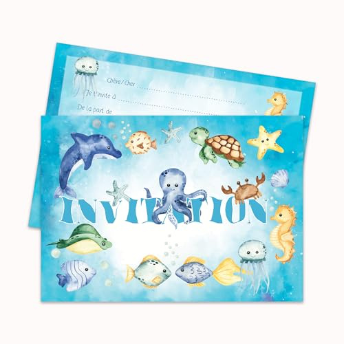 Edition Colibri Lot de 10 cartes d'invitation pour anniversaire d'enfant : les animaux marins colorés sont les invitations de fête parfaites pour les filles et les garçons (11154 FR)