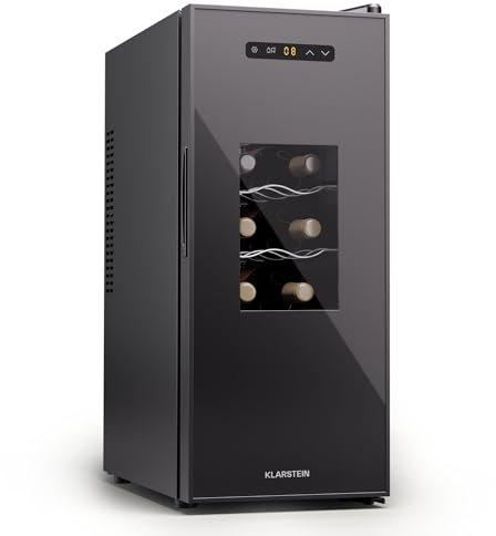 KLARSTEIN Nevera para vino independiente 1 zona, Nevera para vino pequeña con puerta de cristal, Nevera para botellas interior/exterior, 12 botellas