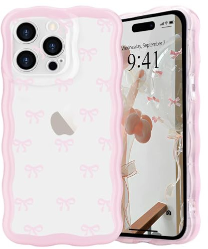 L-FADNUT Bow Case for iPhone 15 Pro Max, Curly Wavy Frame Cute Girly Bow Ribbon Pretty Phone Case, Soft Wave Clear Slim Silicone Shockproof Anti-scratch Cover for Women Girl