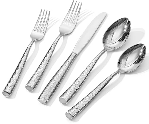 Kingstone Hammered Silverware Set, 60-Piece Flatware Set for 12, 18/10 Stainless Steel Heavy Duty Cutlery Set, Mirror Polished Utensil Sets for Home, Restaurant, Wedding, Dishwasher Safe