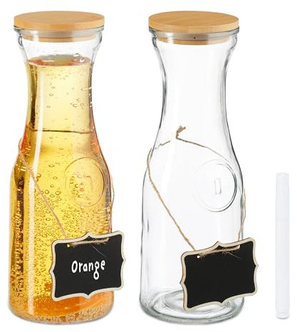 Relaxdays Jarra Cristal, Set de 2, 1 L, Garrafa Vidrio con Tapa Bambú, para Agua y Zumo, Etiquetar, Transparente/Natural