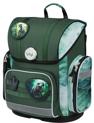 Baagl Schulranzen Ergo Schultasche Jungen 1 Klasse Brustgurt - Dino | Leichter Kinder Schulrucksack Tornister Ranzen für Grundschule mit Leichter Kinder Schulrucksack Tornister Ranzen für