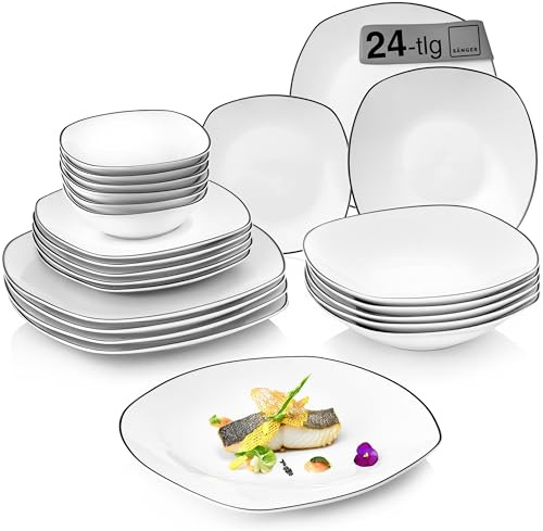 SÄNGER Kombiservice Bilgola Black Rim 24 tlg, Porzellan Geschirrset | 6 Personen, Teller Set spülmaschinenfest, Essgeschirr mit Speisetellern & Schalen, Geschirr mit Schwarzen Akzenten