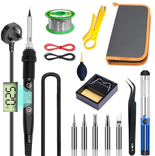 15 PCS Soldering Iron Kit, 80W LCD Adjustable Temperature 180-520°C | 5 Solder Iron Tips, 2 Auxiliary Lines, Desoldering Pump, Solder Wire, Wire Stripper Cutter, Tool Bag
