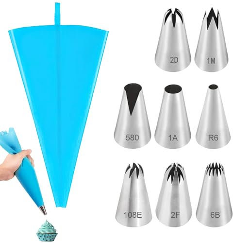 Beccucci Sac a Poche Grandi in Acciaio Inox e sac à poche, 9 Pezzi Set Pasticceria Professionali con 8 Punte Decorazione e 1 Sac à Poche TPU Riutilizzabile, Bocchette per Decorare Torte Cupcake Glassa