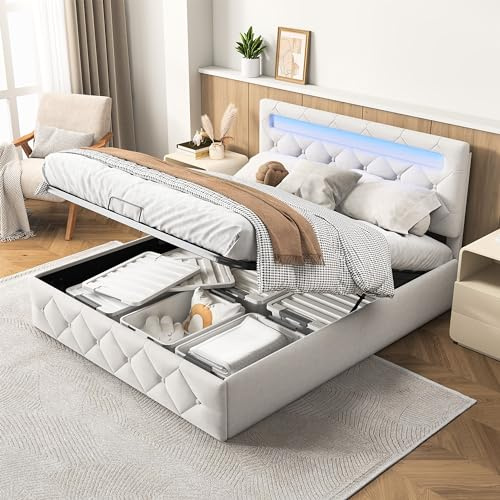 DAHUEN Polsterbett 160x200 cm, LED Doppelbett mit höhenverstellbarem Kopfteil, Stauraumbett mit Lattenrost,Hydraulisch Stauraumbett Bettgestell, Samt, ohne Matratze, Weiß (Weiß, 160 * 200cm)