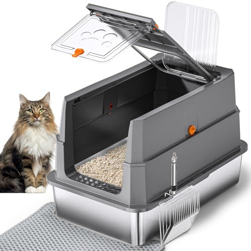 Stainless Steel Cat Litter Tray with Lid,155° Flip Top Large Enclosed Cat Litter Boxes,Covered Metal Litter Box with Mat & Steel Scoop,High Sided,Anti-Leakage,Front & Top Dual Entry