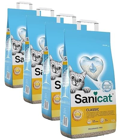 Sanicat - Arena para Gatos Classic Sin Perfume | Absorción rápida | Producto higiene de tu Mascota | Sin Polvo | 10L de Capacidad (Paquete de 4)