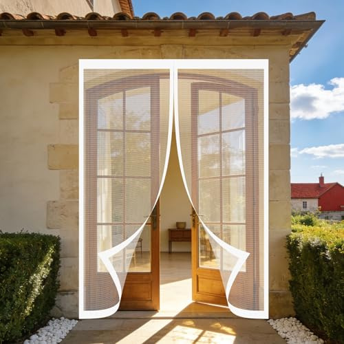 Mosquitera Magnetica 151 x 220 cm Junta Magnética de Arriba a Abajo, sin Taladrar, Transpirables, Resistente Al Viento Puerta Mosquitera para Puerta Exterior, Blanco