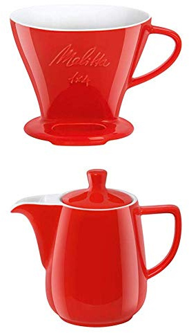 Melitta Filter Porzellan-Kaffeefilter Größe 1x4 Rot + Kanne Porzellan Kaffeekannee 0,6L Rot