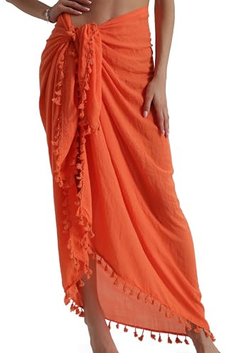 Eicolorte Pareo da spiaggia - Copricostume da donna, semi-velato, gonna corta con nappe, 15-arancione-lungo, XXX-Large
