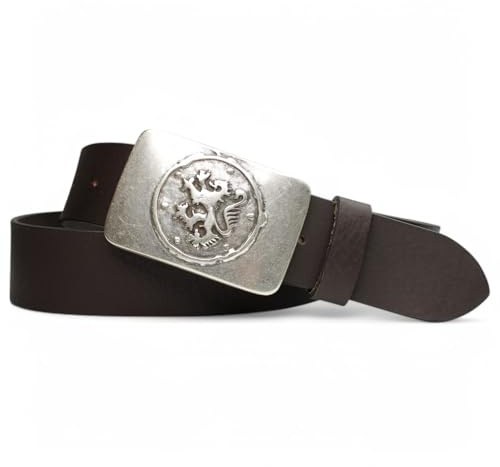 FRONHOFER Trachtengürtel Leder 4 cm mit Löwe Gürtelschnalle Antiksilber 8x5 cm Druckknopf Wechselschnalle Gürtel für Herren Lederhose und Jeans Made in Germany