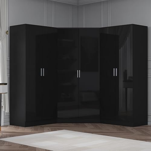 Reflect 3 Piece Wardrobe Bundle | 2 Door Corner + 2x 2 Door Plain | Black Gloss & Black Oak Finish | H: 180cm x W: 255cm x D: 103cm | Modern Bedroom Furniture Storage Solution