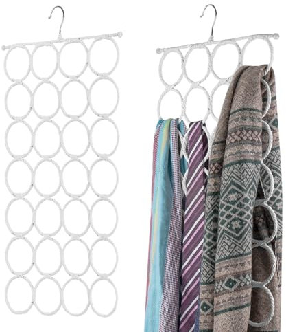 Flexzion Scarf Organizer for Closet - 28 Slot Scarf Hanger Hijab Organizer, Space Saver for Socks, Shawls, Ties, Towels, Belts, Multi Purpose Hanging Rack Storage, 2 Pack White