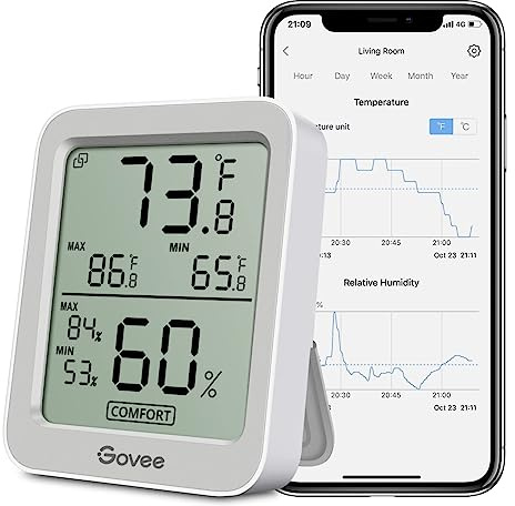 Govee Bluetooth Digital Hygrometer Indoor Thermometer, Room Humidity and Temperature Sensor Gauge with Remote App Monitoring, Large LCD Display, Notification Alerts, 2 Years Data Storage Export, Grey