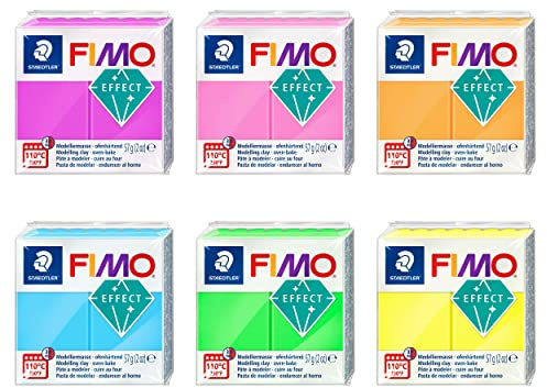 FIMO Staedtler Soft Polymer Ofen-Modelliermasse, Neon-Effekt, 6 Stück