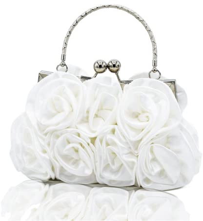 JAMBHALA Women Evening Clutch Bag Dressy Floral Satin Small Purses with Detachable Strap for Party, Prom, Formal,White