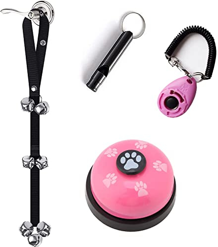 Kelivi Hundeglocke für Welpen Töpfchentraining, 4 Stück Hundeglocken Toilettentraining, verstellbare Länge Hundetürklingel mit Hundetraining Clicker & HundepfeifeHundetrainingsglocke Welpe und Katze