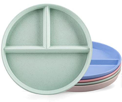 Orrdiffi Piatto Diviso in plastica con 3 Scomparti,4 pezzi, Piatto per controllo delle porzioni, ø 22 cm, per un’alimentazione Sana, Pranzo e Cena, senza BPA,lavabili in Lavastoviglie e Microonde