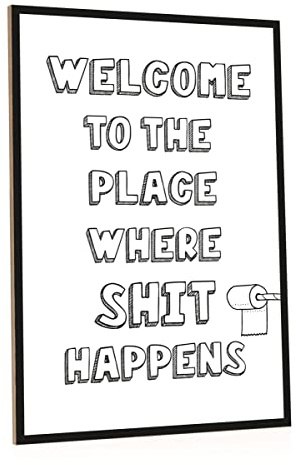 GRAVURZEILE Holzschild mit Spruch - Shit Happens - Witziger Lustiger Kunstdruck auf Holz für Sie & Ihn - Wand Dekoration im Vintage Look für Klo Toilette & Badezimmer