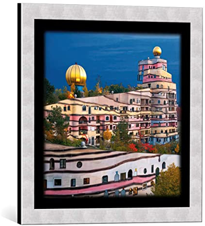kunst für alle Bild mit Bilder-Rahmen: Friedensreich Hundertwasser die Wald-spirale von Darmstadt - dekorativer Kunstdruck, hochwertig gerahmt, 48x48 cm, Silber gebürstet