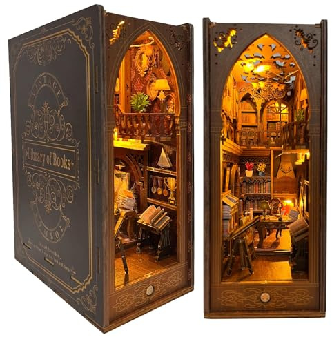 DIY Book Nook Kit per Casa Delle Bambole Fai da Te in Miniatura Kit di Costruzione di Modellini con Mobili e Luce LED in Legno Book Scaffale Inserto Decorazione Regalo Creativo per Adolescent