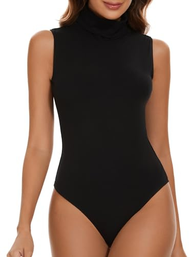 SHAPERIN Bodysuit Sleeveless Women Turtle Neck Body Suit Tanga Slim Fit Leotards Jumpsuit Top Casual Black S