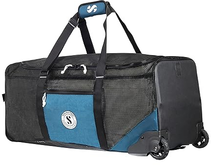 SCUBAPRO Sport Mesh 'N Roll 100 Wheeled Dive Bag with Double Duffel Straps and Adjustable Top Carry Handle for Scuba Diving Gear, Denim Blue Color Fabric