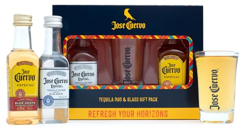 Tequila Gift Set - Jose Cuervo Tequila Gifts, 2x 5cl Jose Cuervo Reposado 38%, Jose Cuervo Silver 40%, Miniature Alcohol Bottles, 1 Official Spirit Shot Glass - Mini Birthday Gifts for Men, Women