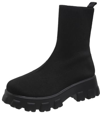 Botas de Punto Elástico para Mujer - Punta Redonda, Tacones en Bloque, Calcetines, Botas Plataforma, Chelsea, Tacón Medio, Sin Cordones, Botines Tipo Calcetín Antideslizantes