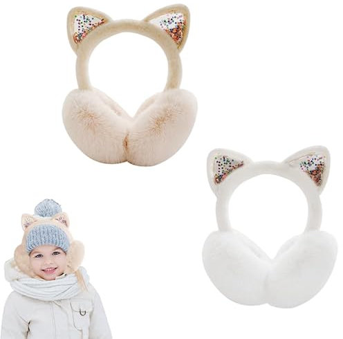Nexoria Ohrenschützer, Winterwarme Ohrenschützer Flauschige Ohrenwärmer Damen Plüsch Ohrenschützer Mädchen Warme Katzen-Ohrenschützer Weiche Ohrenwärmer Für Outdoor Winter (Weiß+Beige)