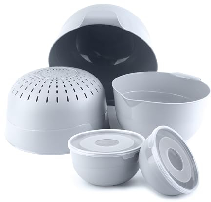 KADAX Schüsselset 5-tlg. mit Deckel, Salatschalen, Plastikschüsseln zur Aufbewahrung von Speisen, Obstschalen, Stapelbare Servierschalen, Rührschüsseln (Hellgrau)