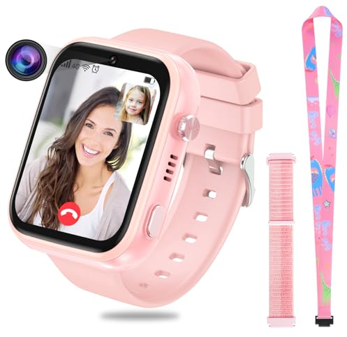OKYUK 4G Smartwatch für Kinder, GPS-Tracker, mehrere Desktop-Stile zur Auswahl, Zwei-Wege-Anrufe, Bildkompetenz, SOS, WLAN, wasserdichter Touchscreen für 4–12 Jungen und Mädchen (T45 Rosa)