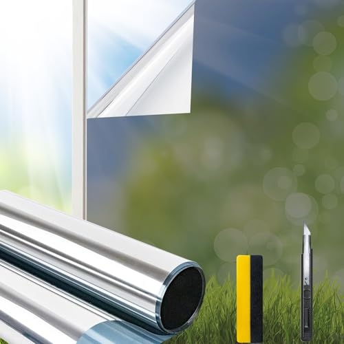 Zindoo Selbstklebende Spiegelfolie – UV & Hitzeschutz Fensterfolie, 105x200cm Silber