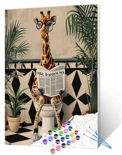 Tucocoo Paint by Numbers for Adults, Design: Cute Giraffe on Toilet, Easy DIY Oil Painting Set on Canvas with Brushes and Acrylic Pigment, Funny Nordic Animal Bathroom Picture for