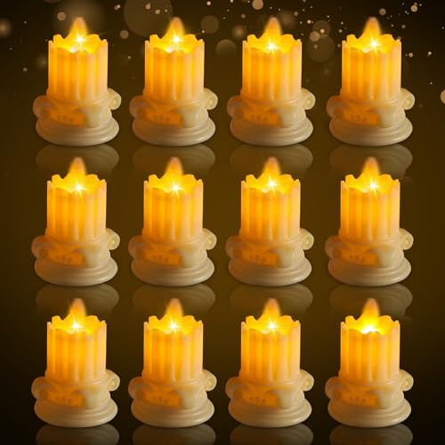 12 Stück LED Teelichter Kerzen mit Batterie,Elektrische Teelichter LED Kerzen Flammenlose Flackernde Votivkerzen,Vintage Römische Säule Flackernd Flamme LED Teelichter für Hochzeit,Vorschlag Jahrestag
