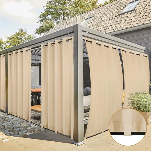 Teruntrue Cortina para Exterior 2 Piezas Cortinas Exteriores Impermeable Protección Solar, Cortinas para Balcones Pérgolas con Ojales, Cortinas con Trabillas en La Parte Inferior (213 x 132cm, Beige)