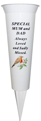 Memorial Grave Flower Pot - 33cm tall Sturdy White Memorial Graveside Flower Vase with Spike and Robin Image (Special Mum and Dad)