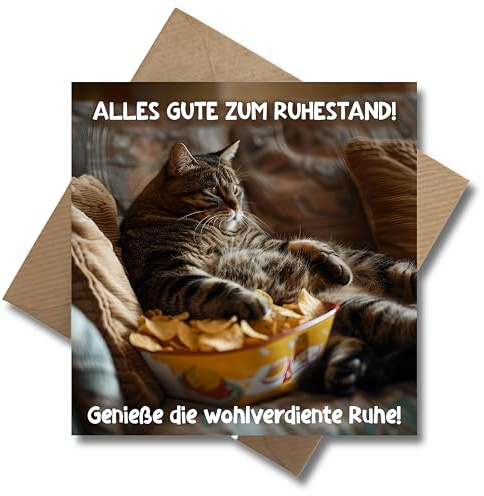 WBdesignz lustige Katze Ruhestandskarte mit Umschlag - Humorvolle Karte “Alles Gute zum Ruhestand! Genieße die wohlverdiente Ruhe!” - Glückwunschkarte Rente Pension - Abschiedskarte (125 x 125 mm)