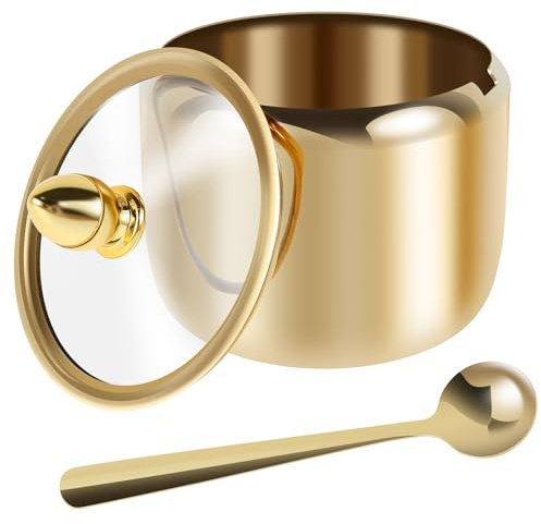 Contenedor de azúcar con tapa de vidrio transparente y cuchara, azucarero dorado de acero inoxidable 304 de 10 onzas, tarro de especias apto para lavavajillas, recipientes de condimentos