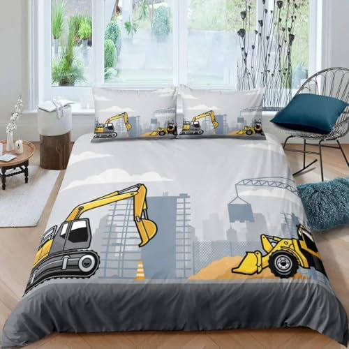 QBIDCSX Bettwäsche 135x200 Bagger Kinderbettwäsche Bettwäsche Set für Kinder Mädchen, Weiche Mikrofaser Bettbezüge 135x200 cm mit Reißverschluss + 2 Kissenbezug 80x80 cm