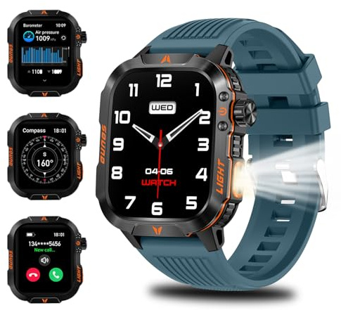 QTLLBT Smartwatch LED Flashlight Barometer Altimeter Compass 2.01HD Fitness Tracker Pedometer Multiple Watch Faces 100+ Sports Modes Sleep Heart Rate for Android iOS Men's Watch (Blue)