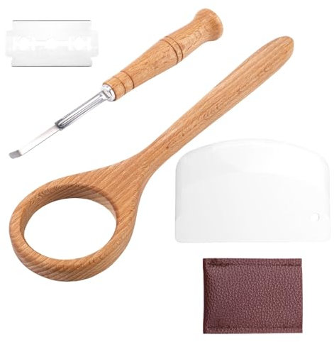Wooden Dough Whisk, Wooden Sourdough Bread Baking Supplies with Bread Cutter Stainless Steel Blades Holster Plastic Scraper Danish Dough Whisk for Bread Making