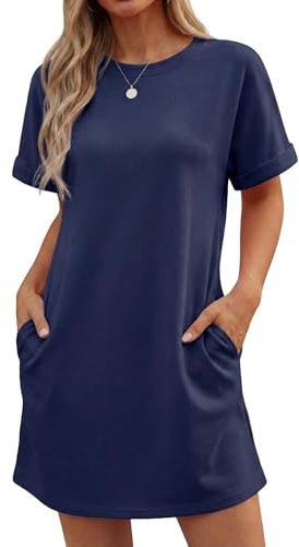 GRECERELLE Womens Summer Mini Dress Cap Sleeve Crew Neck T Shirt Short Casual Beach A Line Dresses with Pockets