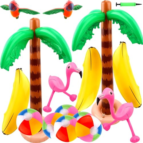 16 Pack Large Inflatable Palm Tree Blow up Beach Pool Toys Flamingo Banana Beach Ball Parrot for Tropical Hawaiian Summer Pool Swim Party Decorations
