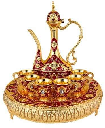 F Fityle Set da tè in Metallo con 6 Tazze da caffè e Vassoio da tè Forniture per Feste Set di caffettiere antiche per Bar, casa, Matrimonio, Hotel