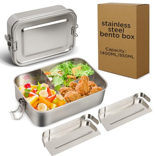 Awaiymi 1400ML 304 Edelstahl Lunch Box und Lebensmittelbehälter Mit Deckel Auslaufsicheres Verstellbares Fach Metall Bento Box Edelstahl Brotdose für Reisen Arbeit Picknick Erwachsene