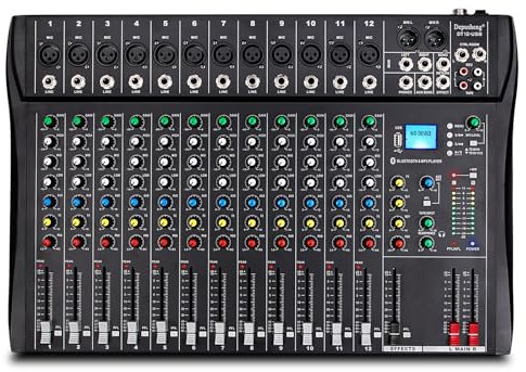 Depusheng DT12 Studio Audio Mixer 12-Channel DJ Sound Controller Interface w/USB Drive for Computer Recording Input, XLR Microphone Jack, 48V Power, RCA Input/Output for Professional and Beginners